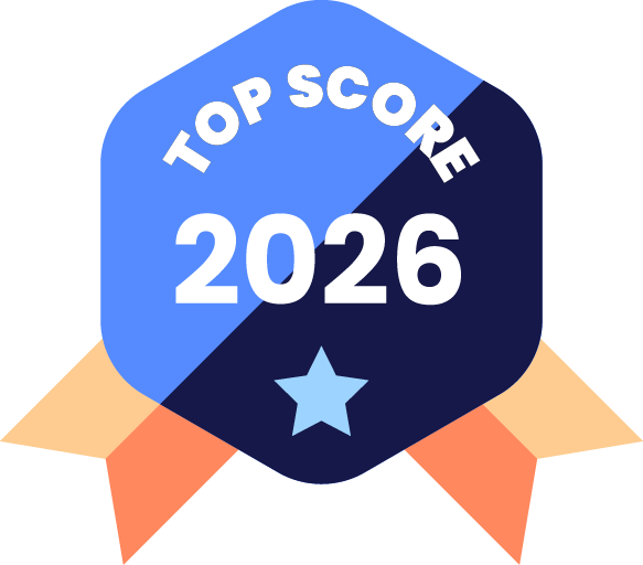Ein sechseckiges Abzeichen mit "Top Score 2026" in Blau und Orange, symbolisiert eine Auszeichnung.